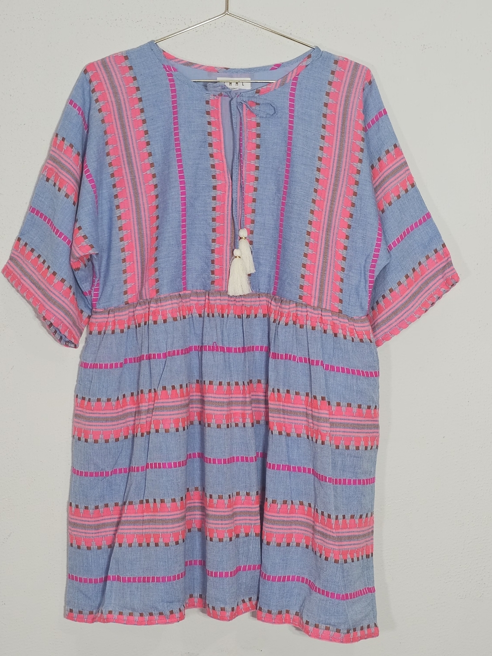 THML Blue and Pink Striped Midi Dress with Tassel Tie Womens M Boho Embroidered